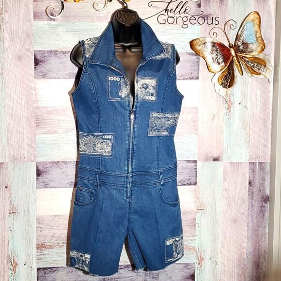 Bobo Jeans Denim Zip Up Money Embroidered Romper Jumper Sz L Cut Offs Summer 623 - Picture 1 of 9